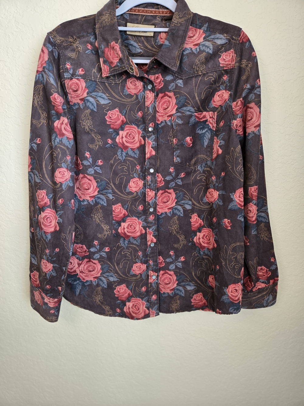 Dark Brown Floral Western Shirt with Pink Rose Print /Pearlescent Snaps